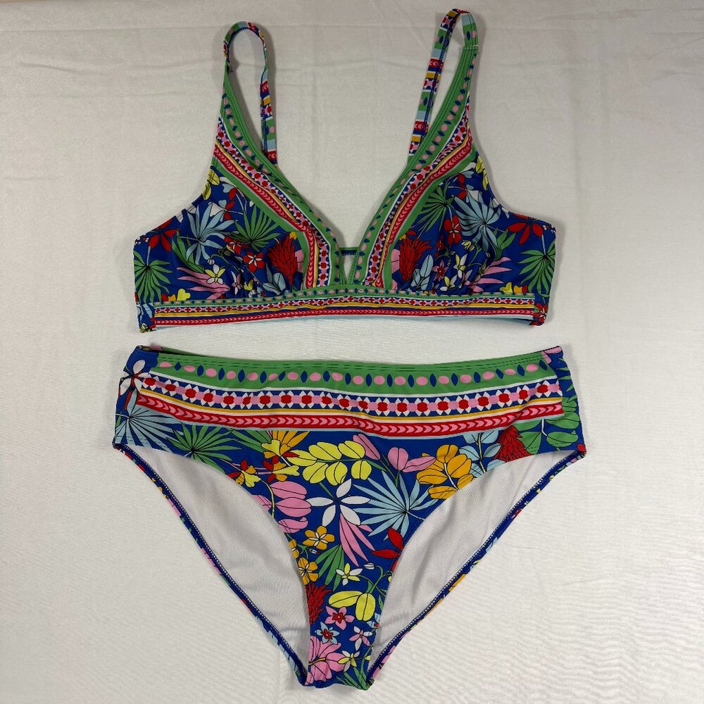 Women’s Floral Bikini Set Blue Tropical Print Triangle Top & Hipster Bottoms 4XL